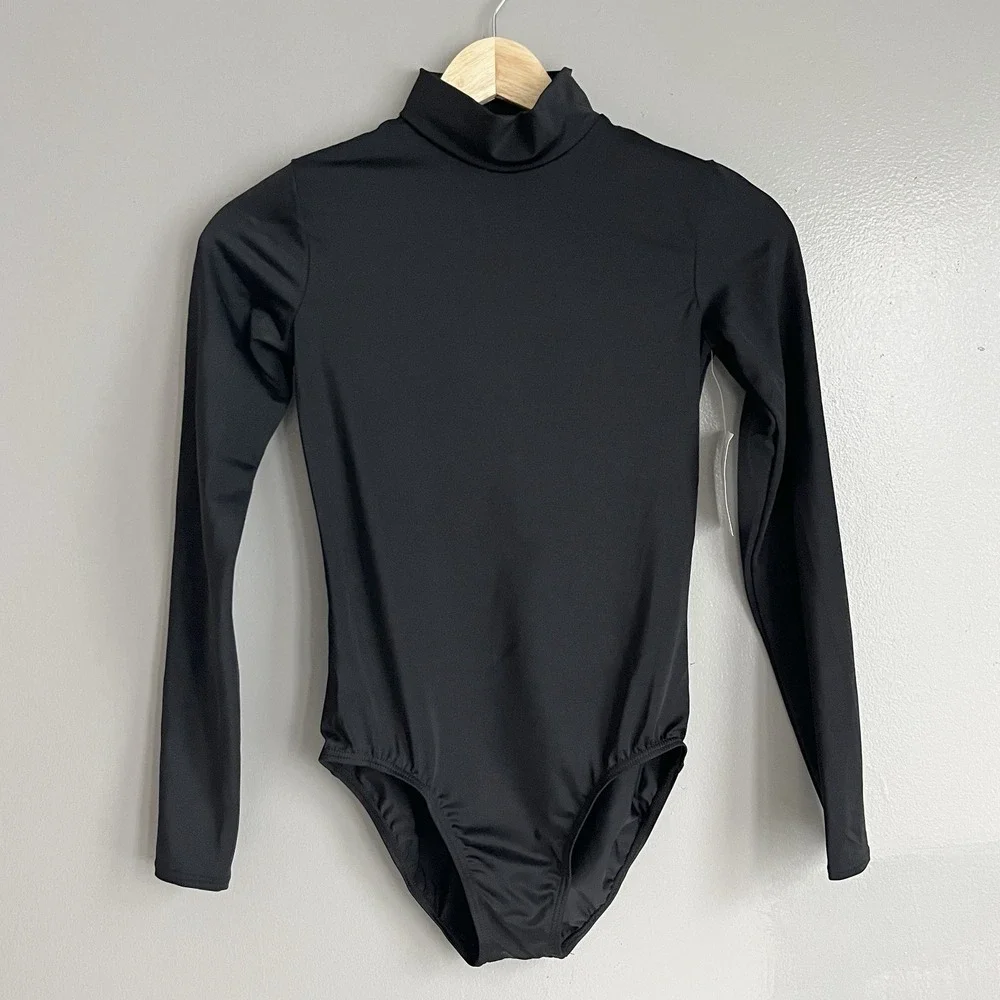 Weissman Dance Leotard Mock Neck Black Long Sleeve Girls Youth Child Large NWT